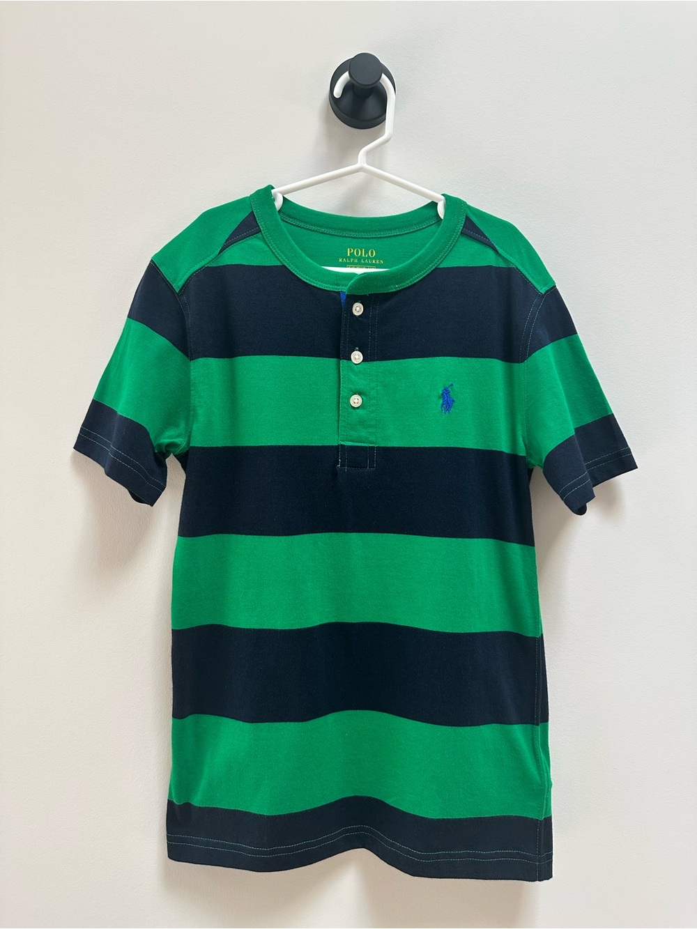 Polo by Ralph Lauren Green & Navy Striped Shirt with Buttons & Logo, Boys 8